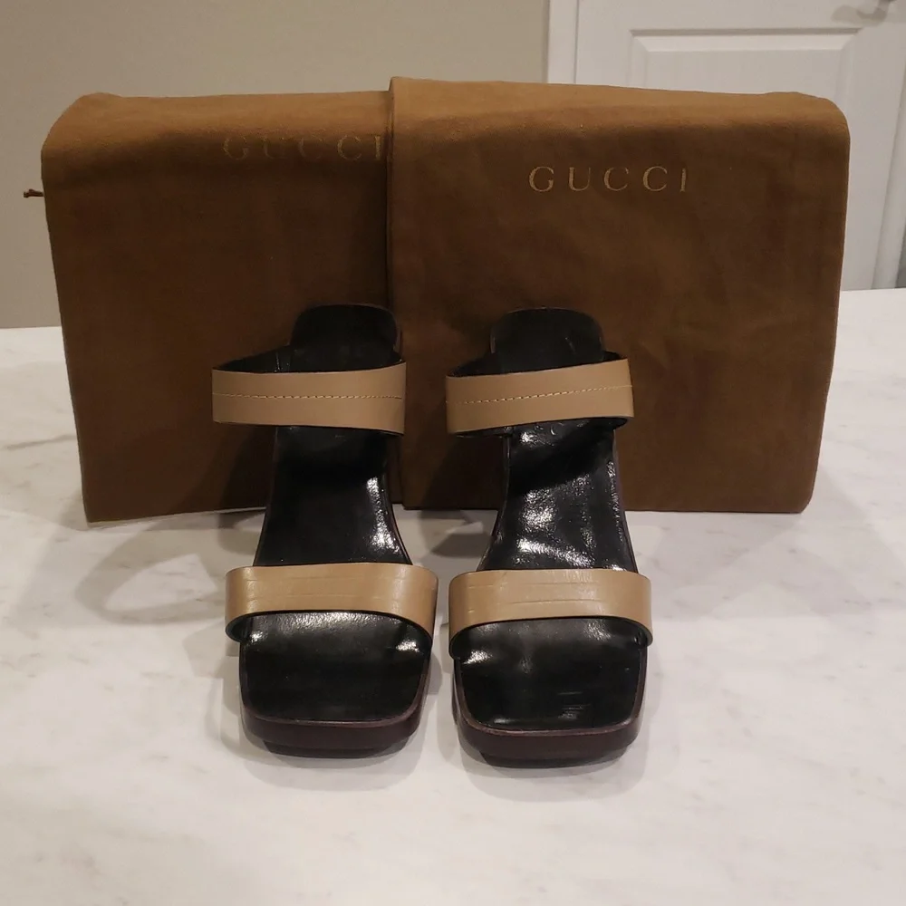 Gucci Leather Sandals Double Strap. 4" Heel Size 7 Tan Color - Picture 1 of 10
